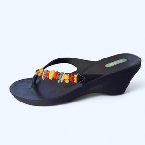 Navy Blue and multi-coloured beaded wedge flip flops OkaB #beachvibes 8
